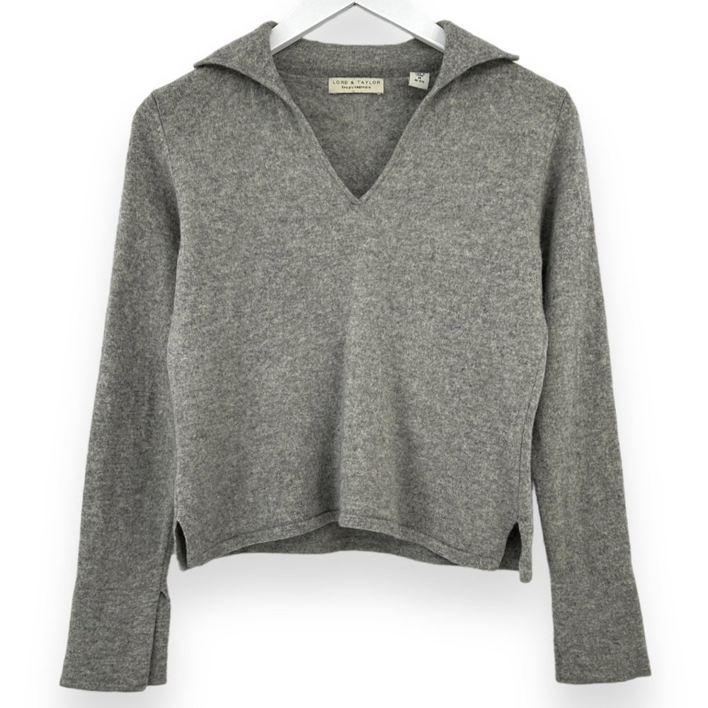 Lord & Taylor Light Gray Two Ply Cashmere Polo Collar Sweater